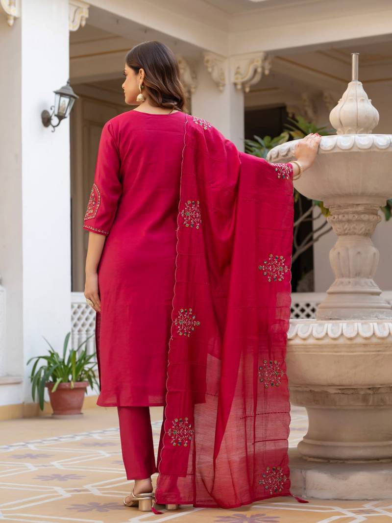 Rani Pink Color Embroidery Sequins with Hand Work Viscose Silk Kurta pant Set