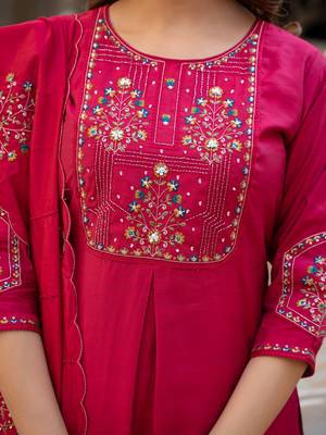 Rani Pink Color Embroidery Sequins with Hand Work Viscose Silk Kurta Pent Set 4