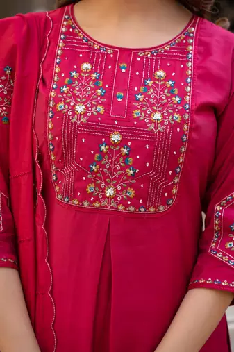 Rani Pink Color Embroidery Sequins with Hand Work Viscose Silk Kurta Pent Set