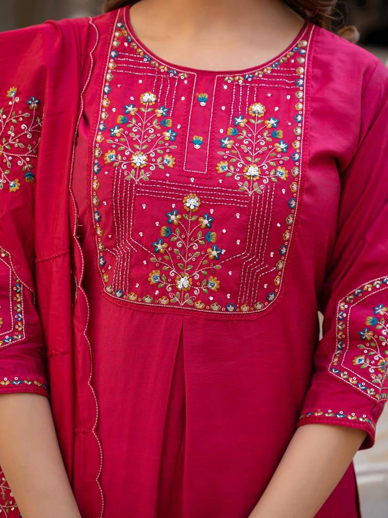 Rani Pink Color Embroidery Sequins with Hand Work Viscose Silk Kurta pant Set