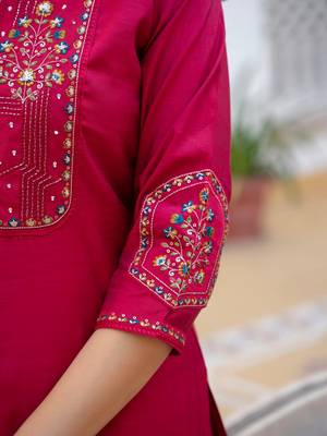 Rani Pink Color Embroidery Sequins with Hand Work Viscose Silk Kurta Pent Set 5
