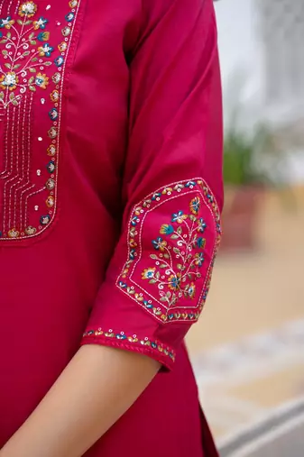 Rani Pink Color Embroidery Sequins with Hand Work Viscose Silk Kurta Pent Set