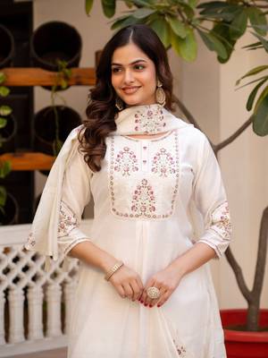white Color Embroidery Sequins with Hand Work Viscose Silk Kurta Pent Set 2