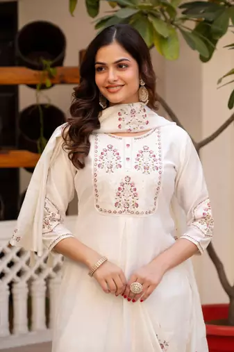 white Color Embroidery Sequins with Hand Work Viscose Silk Kurta Pent Set
