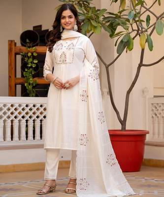 white Color Embroidery Sequins with Hand Work Viscose Silk Kurta Pent Set 1