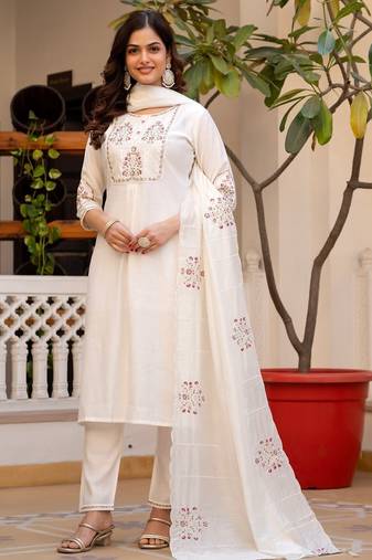 white Color Embroidery Sequins with Hand Work Viscose Silk Kurta pant Set