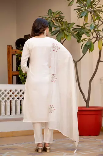 white Color Embroidery Sequins with Hand Work Viscose Silk Kurta Pent Set