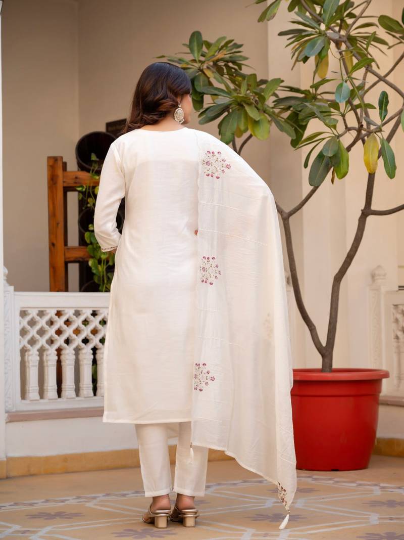 white Color Embroidery Sequins with Hand Work Viscose Silk Kurta pant Set