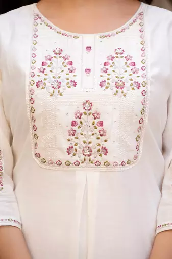 white Color Embroidery Sequins with Hand Work Viscose Silk Kurta Pent Set