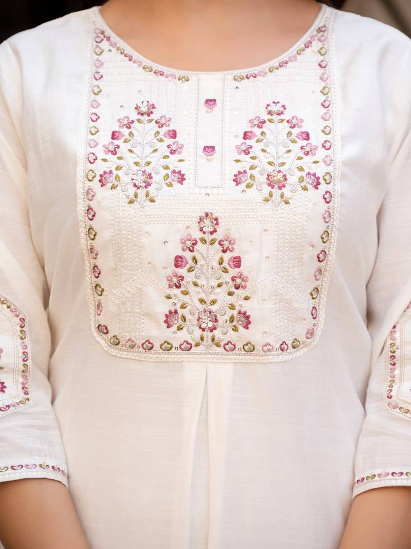 white Color Embroidery Sequins with Hand Work Viscose Silk Kurta pant Set