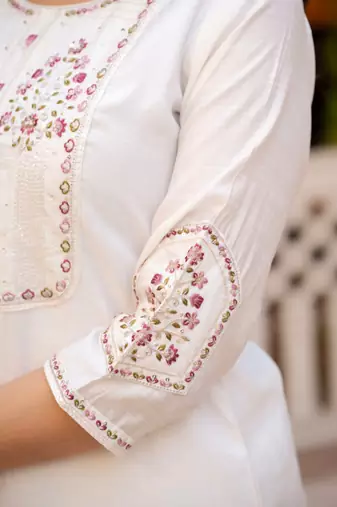 white Color Embroidery Sequins with Hand Work Viscose Silk Kurta Pent Set