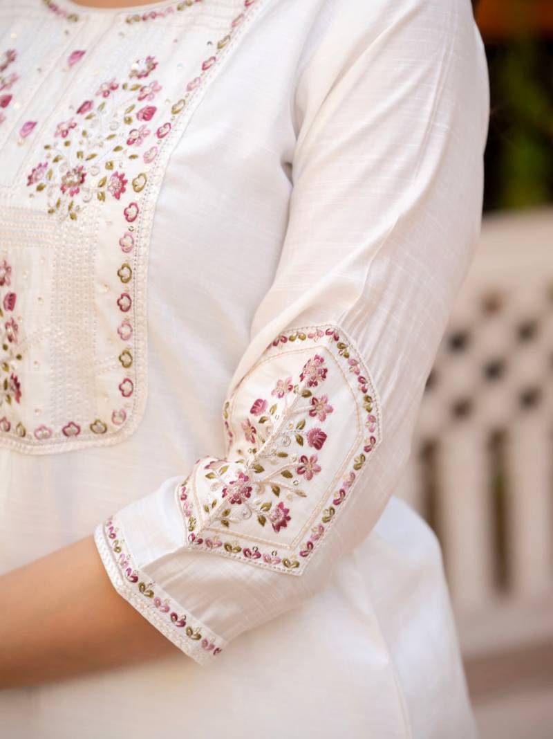 white Color Embroidery Sequins with Hand Work Viscose Silk Kurta pant Set