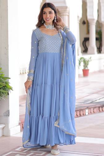Stylish Sky Zari Embroidered Georgette Gown With Dupatta
