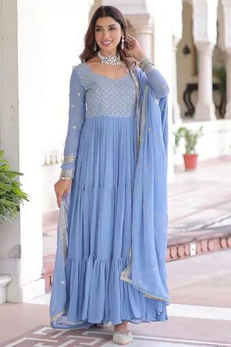 Stylish Sky Zari Embroidered Georgette Gown With Dupatta