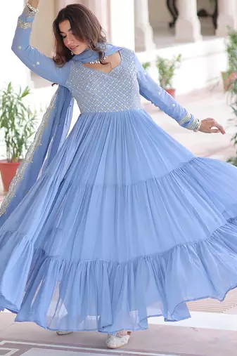 Stylish Sky Zari Embroidered Georgette Gown With Dupatta