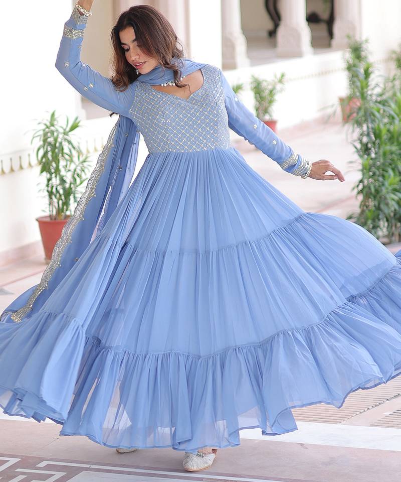 Stylish Sky Zari Embroidered Georgette Gown With Dupatta