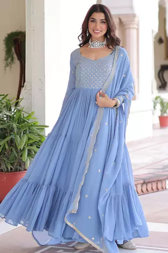 Stylish Sky Zari Embroidered Georgette Gown With Dupatta