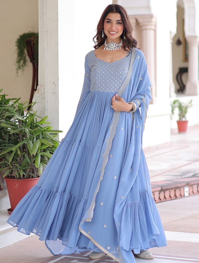 Stylish Sky Zari Embroidered Georgette Gown With Dupatta