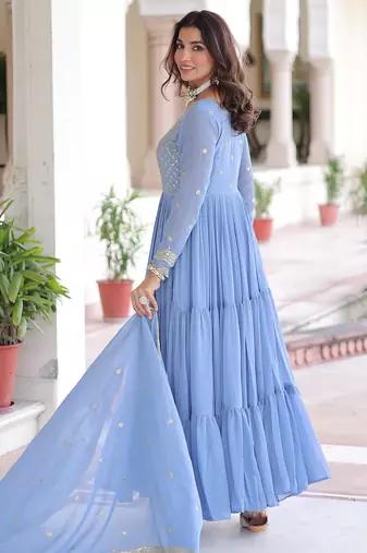 Stylish Sky Zari Embroidered Georgette Gown With Dupatta