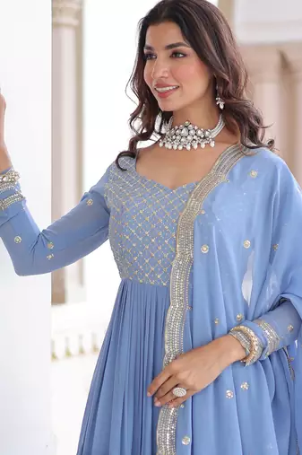 Stylish Sky Zari Embroidered Georgette Gown With Dupatta