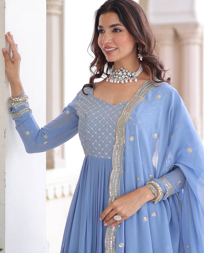 Stylish Sky Zari Embroidered Georgette Gown With Dupatta