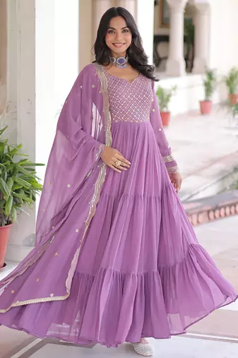 Beautiful Purple Zari Embroidered Georgette Gown With Dupatta