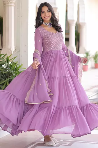 Beautiful Purple Zari Embroidered Georgette Gown With Dupatta