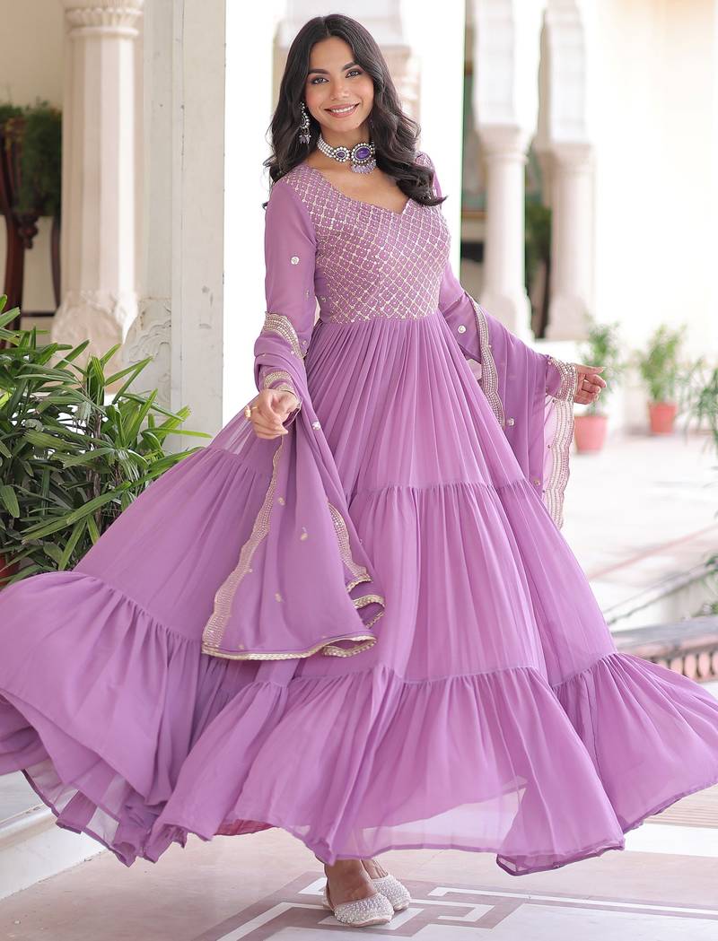 Beautiful Purple Zari Embroidered Georgette Gown With Dupatta