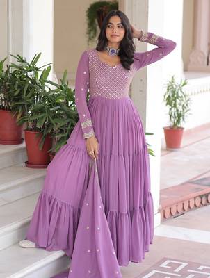 Beautiful Purple Zari Embroidered Georgette Gown With Dupatta 4