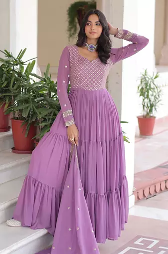 Beautiful Purple Zari Embroidered Georgette Gown With Dupatta