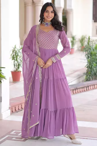 Beautiful Purple Zari Embroidered Georgette Gown With Dupatta