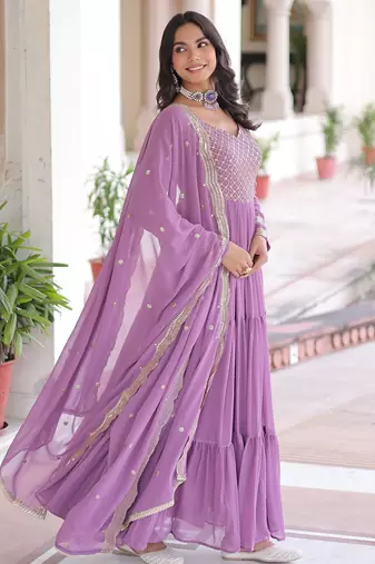 Beautiful Purple Zari Embroidered Georgette Gown With Dupatta