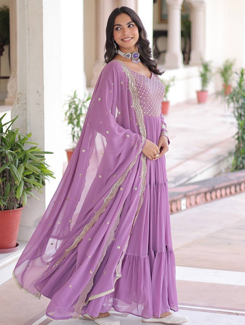 Beautiful Purple Zari Embroidered Georgette Gown With Dupatta