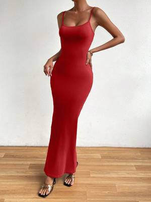red polyester maxi dress with slim fit bodycon design 1