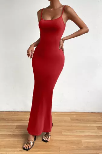 red polyester maxi dress with slim fit bodycon design