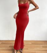 red polyester maxi dress with slim fit bodycon design