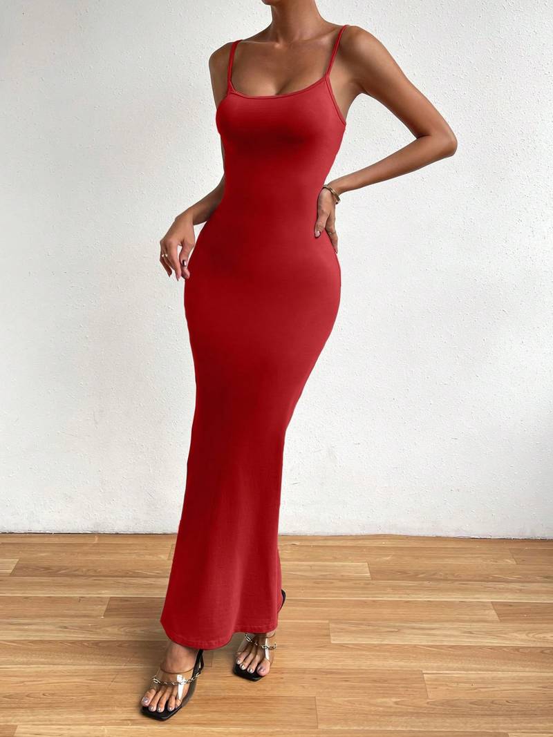 red polyester maxi dress with slim fit bodycon design