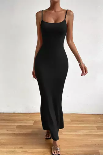 black polyester maxi dress with slim fit bodycon design