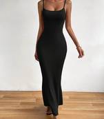black polyester maxi dress with slim fit bodycon design