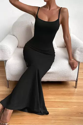 black polyester maxi dress with slim fit bodycon design