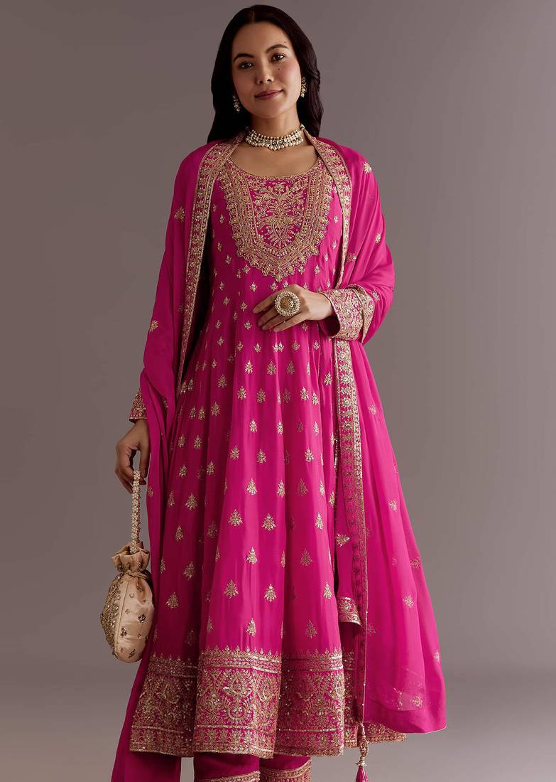 Pink Chinnon Silk Heavy Embroidery Work Designer Party wear Gown
