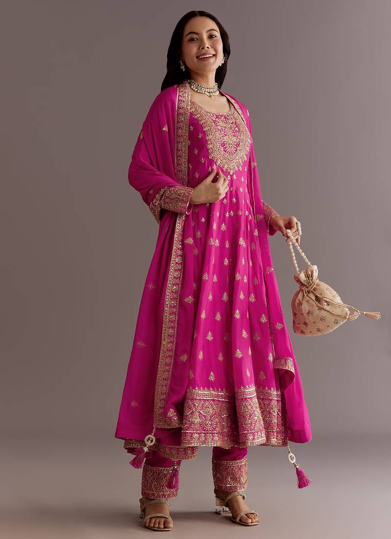 Pink Chinnon Silk Heavy Embroidery Work Designer Party wear Gown