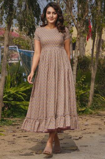 Beige rayon digital print designer gown for festive