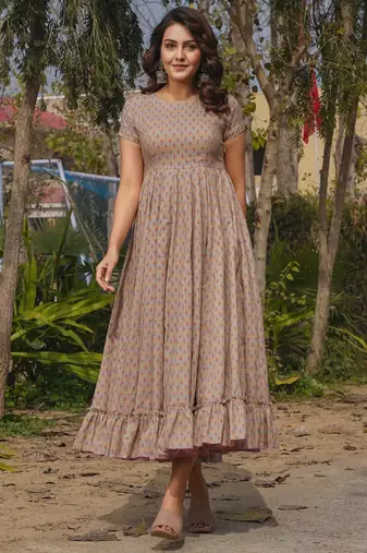 Beige rayon digital print designer gown for festive