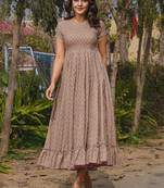 Beige reyon digital print designer gown for festive
