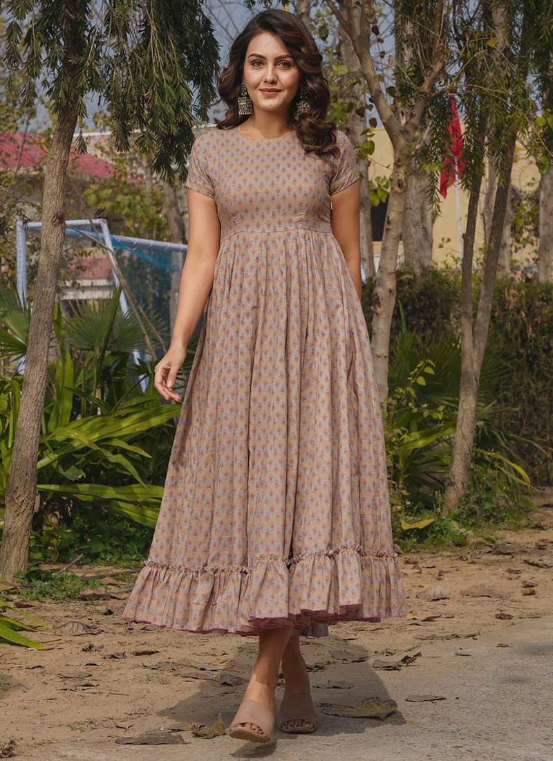 Beige reyon digital print designer gown for festive