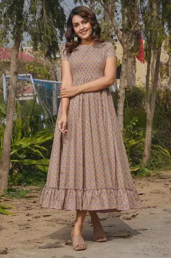 Beige rayon digital print designer gown for festive