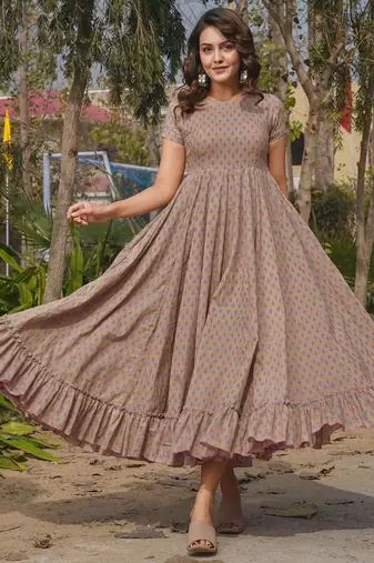 Beige rayon digital print designer gown for festive