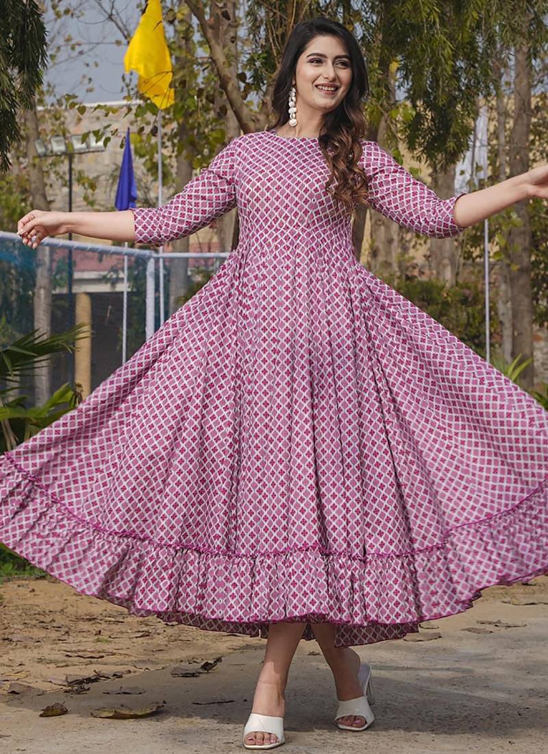 Onion pink reyon digital print designer gown for festive