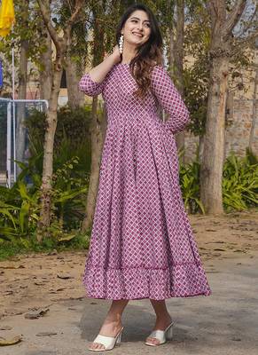 Onion pink rayon digital print designer gown for festive 2